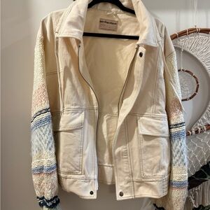 Free People Cream and Blue Utility Jacket with wool Patterned Sleeves